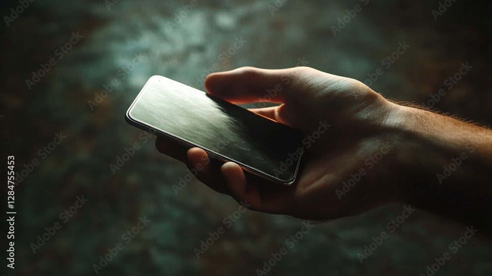 Poster a hand holding a sleek smartphone against a dark textured background, highlighting the device's meta