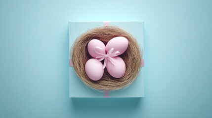 Pink eggs rest in a nest on a pale blue gift box. Concept of Easter or celebration.