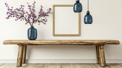 Wooden table with a vase of purple flowers and a picture frame on it