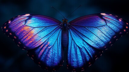 Ultra Sharp Macro Photograph of Iridescent Blue Morpho Butterfly Wing with Metallic Glow and Micro-Scales