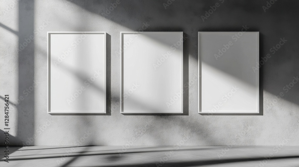 Poster modern minimalist gallery space with three empty white frames on raw industrial concrete wall perfec