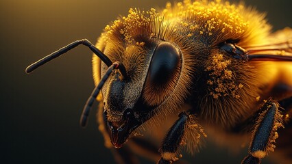 Ultra Sharp Macro Photograph of Honeybee Head Covered in Golden Pollen with Fine Hairs and Compound Eyes