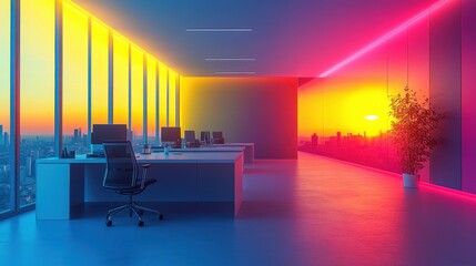 Modern Office Interior with Sunset Lighting and City View