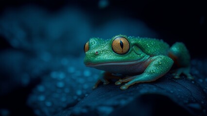 Ultra Sharp Macro Photograph of Tree Frog on Leaf with Moist Skin Glistening Under Soft Blue Moonlight