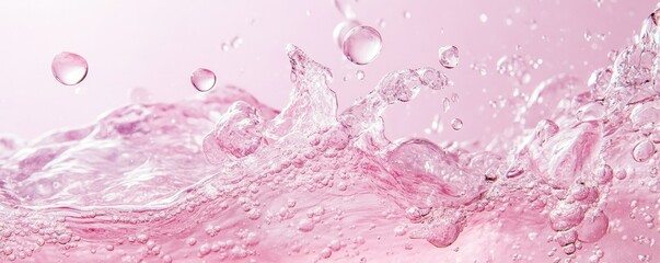 Pink liquid splash with bubbles and droplets on a light background
