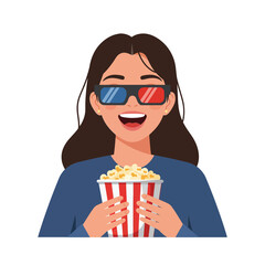 Cheerful young woman wearing 3D glasses holding a bucket of popcorn in a minimal flat design vector illustration