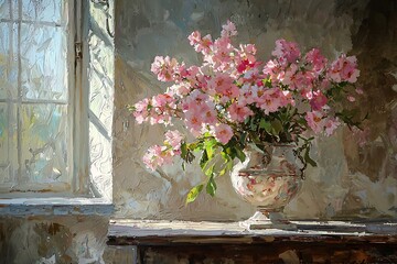 Delicate pink flowers in a vase brighten a sunny room with soft light and a cozy ambiance