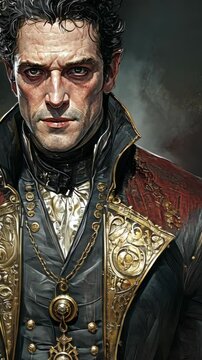 Portrait of a stern nobleman in ornate attire with intricate details reflecting an era of elegance and authority