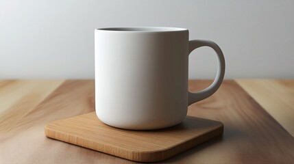 Fototapeta premium A White Ceramic Mug on a Wooden Coaster