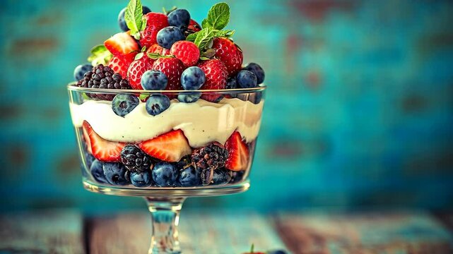Fresh fruit parfait displayed in a glass dessert bowl with vibrant colors and a rustic background