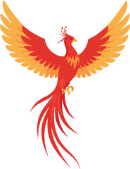 Obraz premium Vibrant red and orange phoenix soaring gracefully with majestic wings in a flat design style for captivating vector art