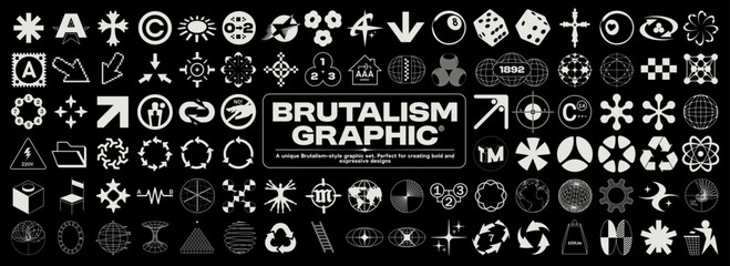 Brutalism icon graphic. Geometric wireframe symbols, retro elements, planets, 3D Y2K vintage design, blanks for a poster, banner, business card. Vector set