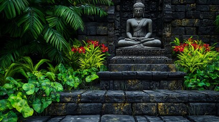 Fototapeta premium Serene Buddha statue surrounded by lush greenery and vibrant flowers in a tranquil garden setting