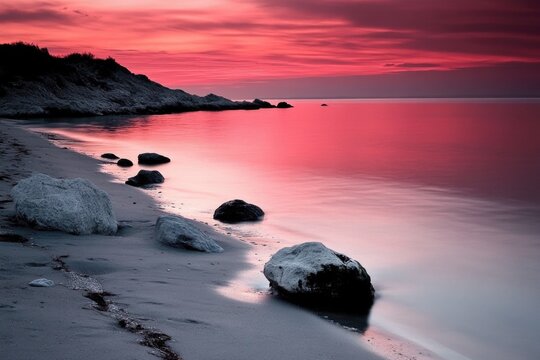 Tranquil sunset over rocky beach with silhouetted shoreline and reflective water