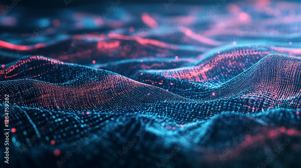 Aufkleber abstract red and blue particle wave background. futuristic digital data network connection visualiza
