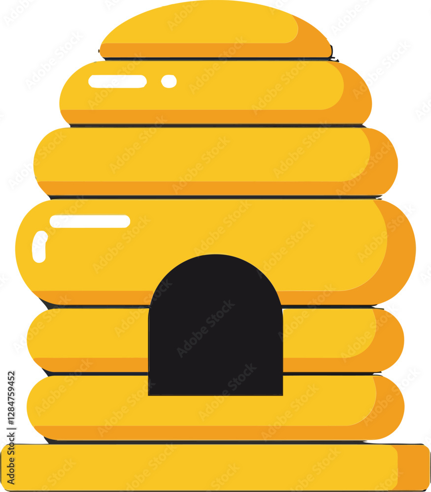 Poster yellow beehive in a flat design style showcasing hexagonal layers and a prominent entrance creating 