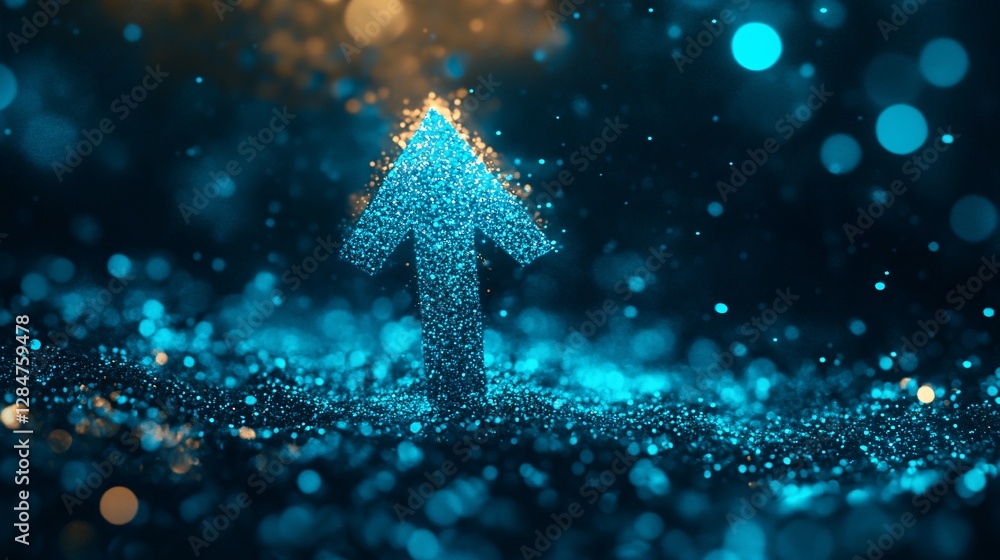 Poster abstract upward arrow composed of glowing particles, symbolizing growth and progress in technology a