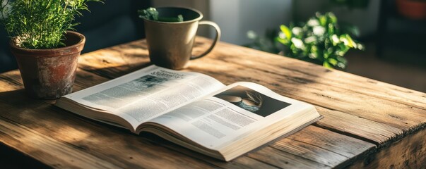 Open book on rustic wooden table with plants and sunlight