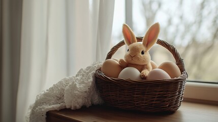 Adorable Easter Bunny in a Basket with Colorful Eggs by a Window