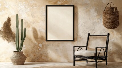 Room with a black framed picture and a wicker chair. , Copy Space and Blank Frame