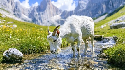 Obraz premium In a verdant setting, a white goat quenches its thirst at a stream