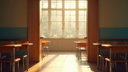 Open classroom door, A front view of an open classroom door with sunlight streaming in creating a calm and inviting atmosphere in 8K UHD