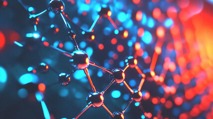 Molecular Nexus: Intricate digital rendering of interconnected molecular structures, illuminated in vibrant hues of blue and red.