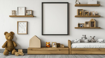 White room with a teddy bear on the floor. , Copy Space and Blank Frame