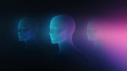 Stylized glowing mannequin heads against a dark background with vibrant colors