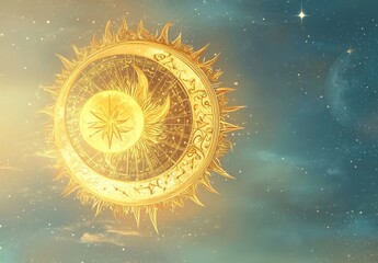 Celestial golden with sun and moon with copy space. Vintage elegant card, banner, background for horoscope, astrology, natal chart boho style design vector illustration