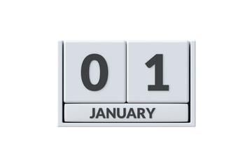 Single january 1st inscription on a calendar made of blocks isolated on white background. Top view. 3d render