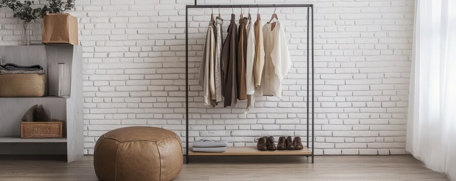 Minimalist clothing rack with neutral outfits against white brick wall in cozy room