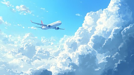 Fototapeta premium Airplane Soaring Above a Sea of Fluffy White Clouds Under a Bright Blue Summer Sky