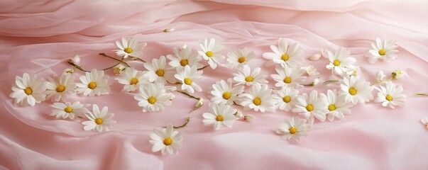 Fototapeta premium Delicate white daisies on soft pink fabric background