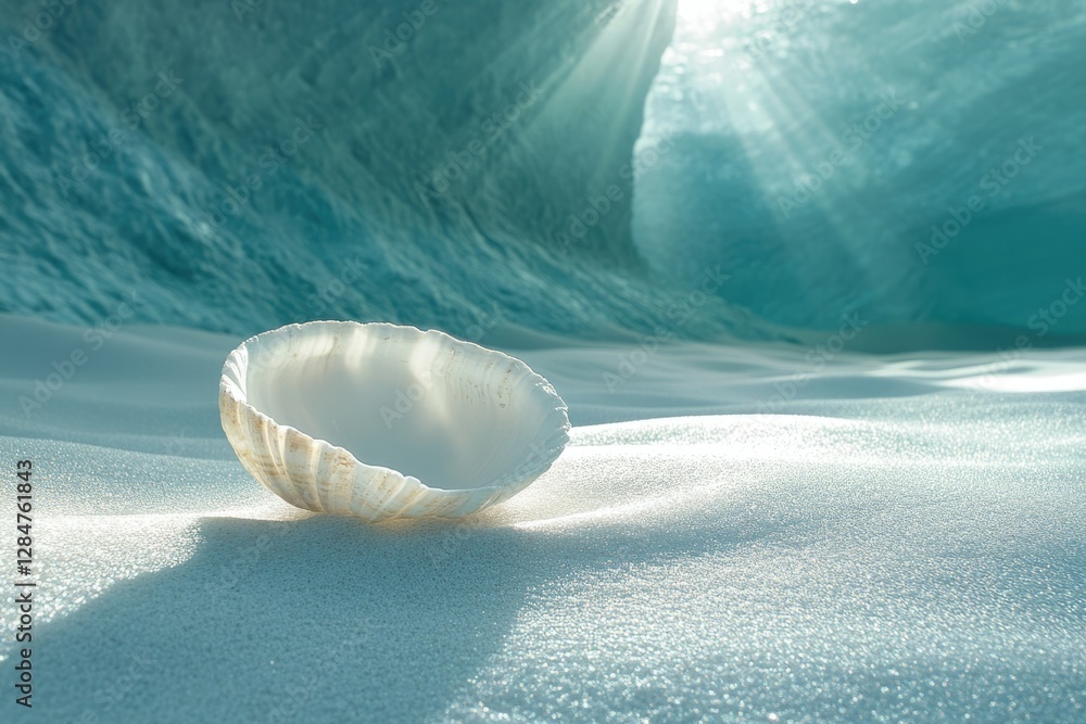 Poster a seashell rests on a pristine beach, backlit by an underwater sunbeam, creating a serene coastal sc