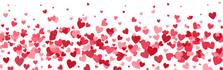 Heart long border. Women Day. Bright hearts confetti falling on white background. Celebration backdrop. Valentines Day banner. 8 March card. Wedding invitation. Vector illustration