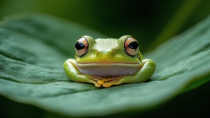 Ultra Sharp Macro Photograph of Small Frog Sitting with Crossed Legs on Leaf with Content Expression