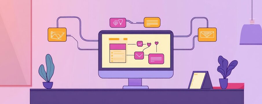Digital workflow illustration with computer on desk and connected icons