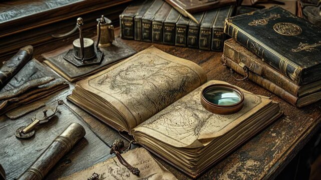 Antique map and books displayed on a rustic wooden table in a cozy study filled with vintage decor