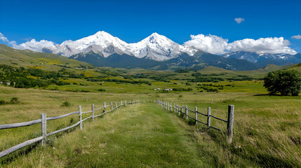 Fototapeta premium Snowy mountain peaks rise above a lush green meadow with a wooden fence under a blue sky.