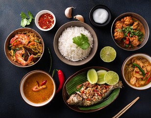 Traditional Thai Food on Dark Background &ndash; Oriental Food Concept, Top View, Flat Lay, Panorama