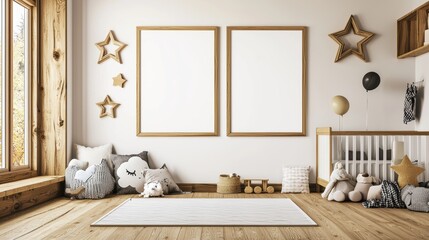 Room with a white wall and two empty picture frames