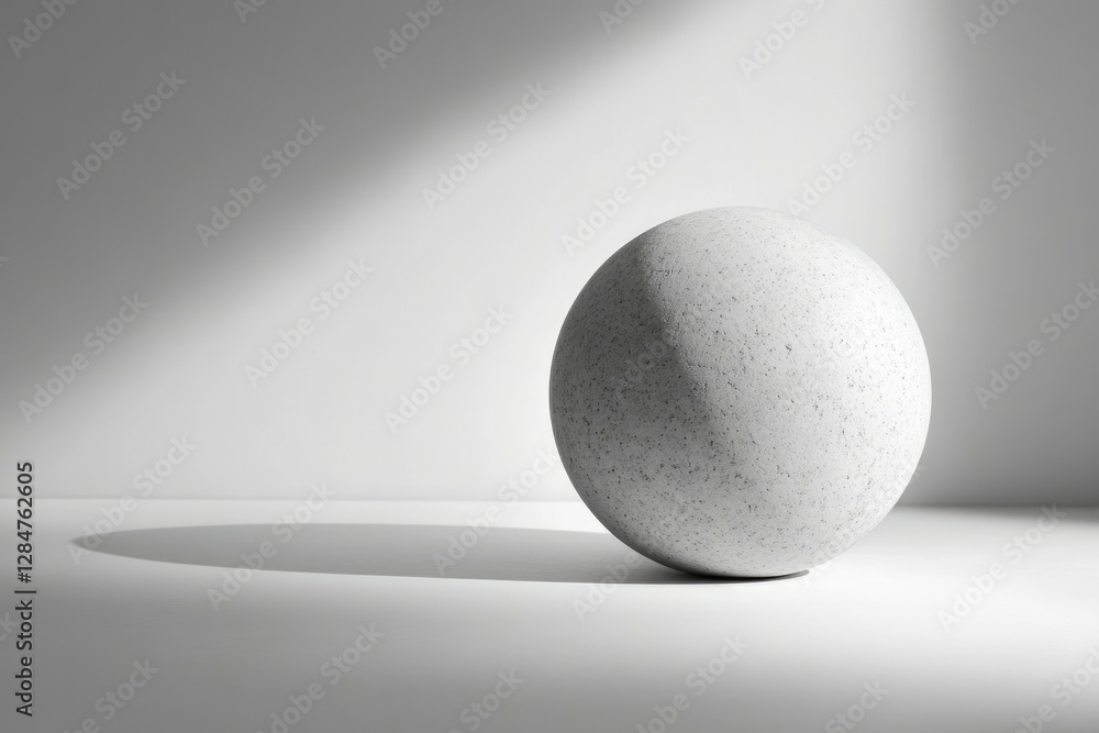 Aufkleber a speckled, light grey sphere rests on a white surface, illuminated by a single light source casting