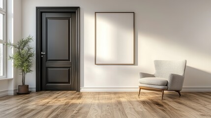 Black door with a white frame is in front of a white wall. , Copy Space and Blank Frame