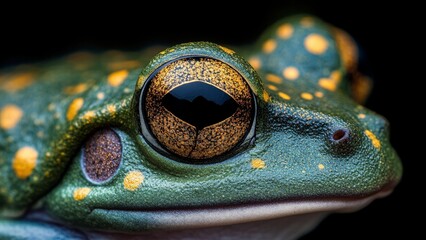 Ultra Macro Photograph of Tree Frog Eye with Intricate Galaxy Like Patterns and Golden Flecks