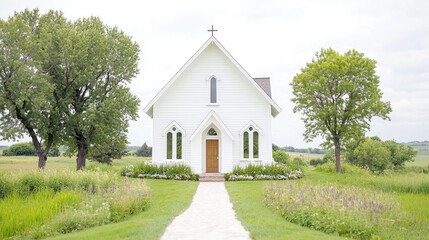 Naklejka premium White church, tranquil field, summer day, wedding venue