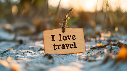 A small wooden label with the words "I love travel" written on it
