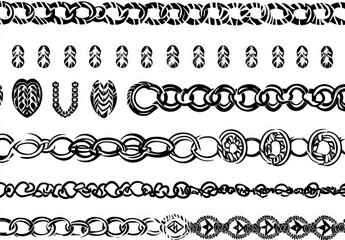 Chain brushes seamless pattern. Chains thread, jewelry black silhouette. Technical structure, machine or cable elements decent vector set