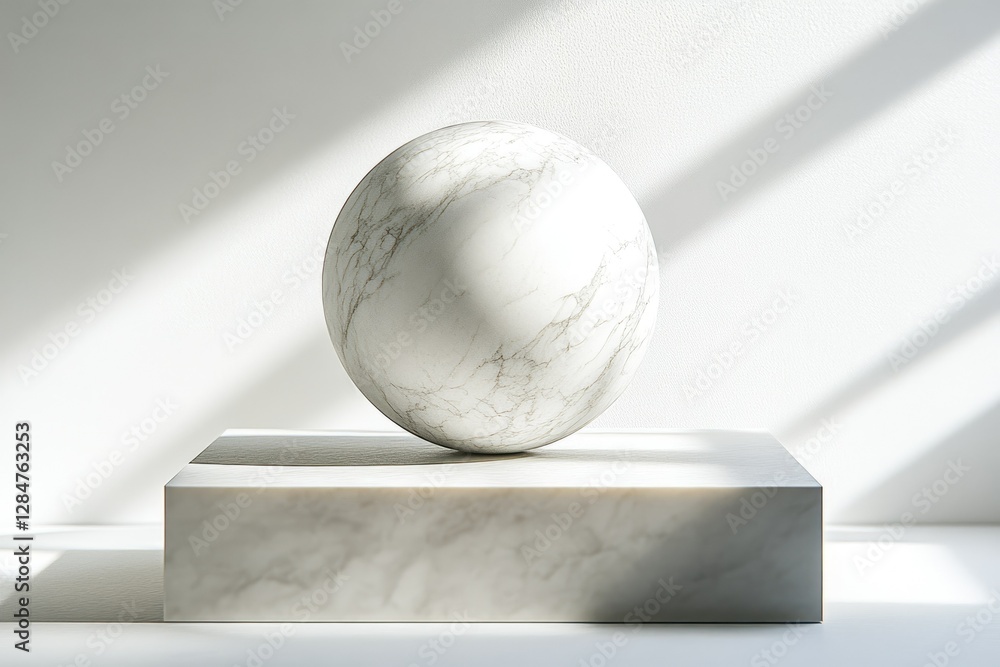 Poster a white marble sphere rests on a matching cube, bathed in sunlight, creating a minimalist aesthetic.