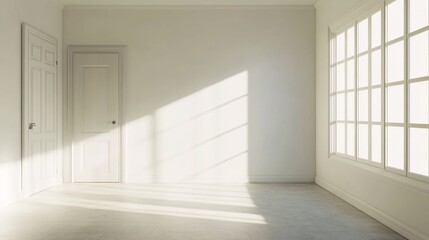 Obraz premium Bright and airy empty room with sunlight streaming through large windows, minimalist interior design